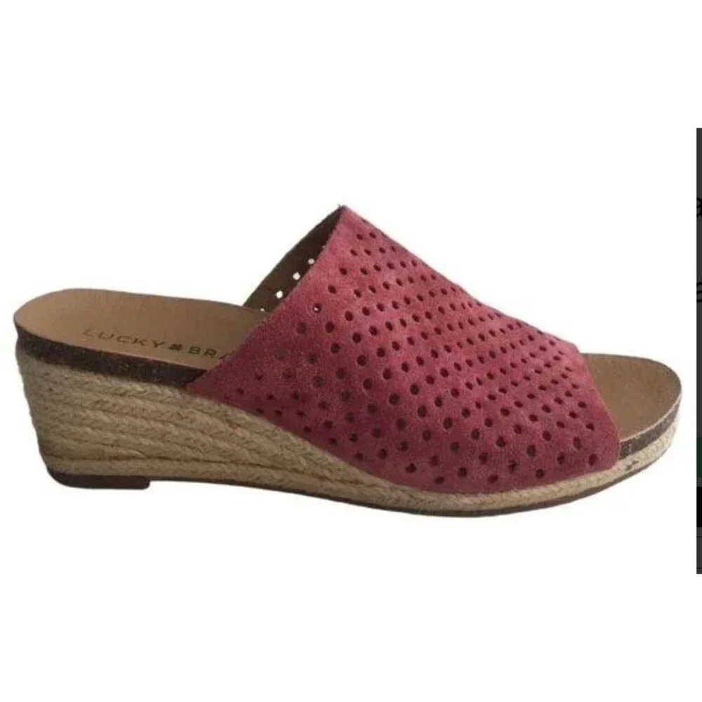 Lucky Brand Jemya Perforated Leather Wedges-Size 9.5M-Dusty Pink-Braided Jute